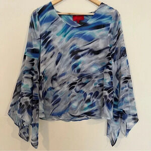 ☀️90s Y2K Flowy Blue Bellsleeve Water Marble Blouse Top